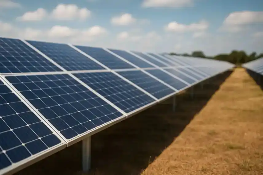 Symbolbild eines Solarparks mit Solarpaneelen, stellvertretend für den 20-Millionen-Dollar-Solarauftrag von Premier Energies in Benin.